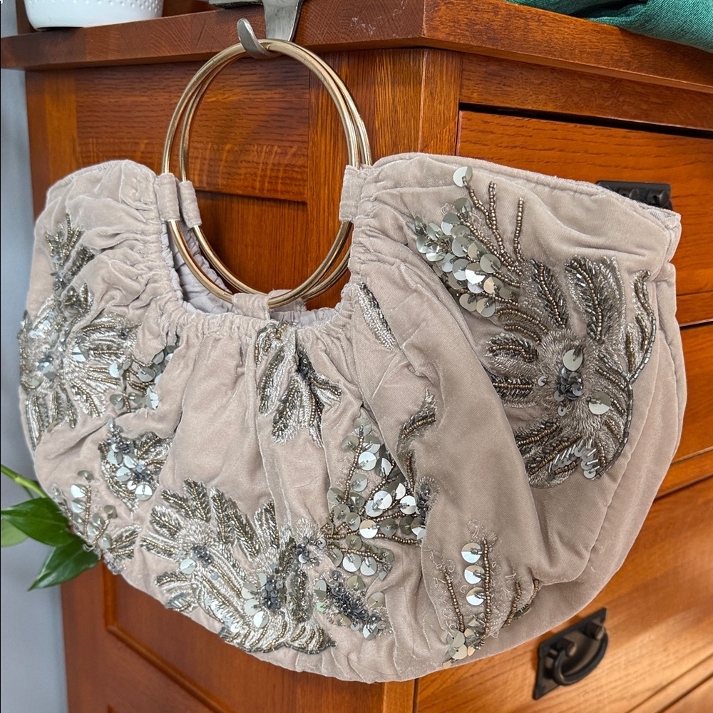 Anthropologie Tan Sequin velvet  Bag
